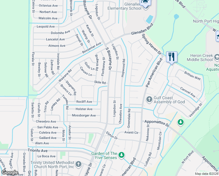 map of restaurants, bars, coffee shops, grocery stores, and more near 8097 Skile Road in North Port
