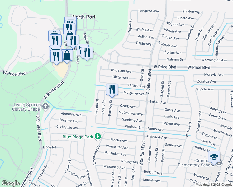 map of restaurants, bars, coffee shops, grocery stores, and more near 4386 Mulgrave Avenue in North Port