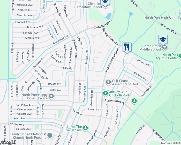 map of restaurants, bars, coffee shops, grocery stores, and more near 2484 Hopwood Road in North Port