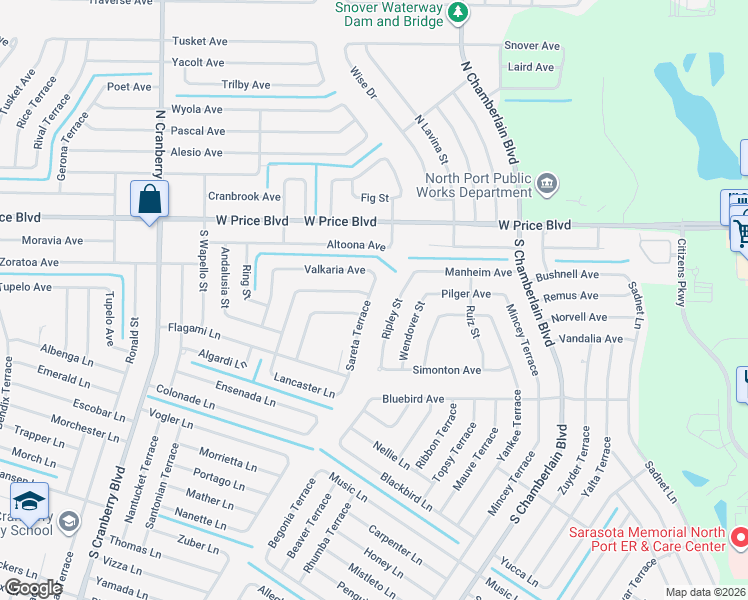 map of restaurants, bars, coffee shops, grocery stores, and more near 1212 Sareta Terrace in North Port