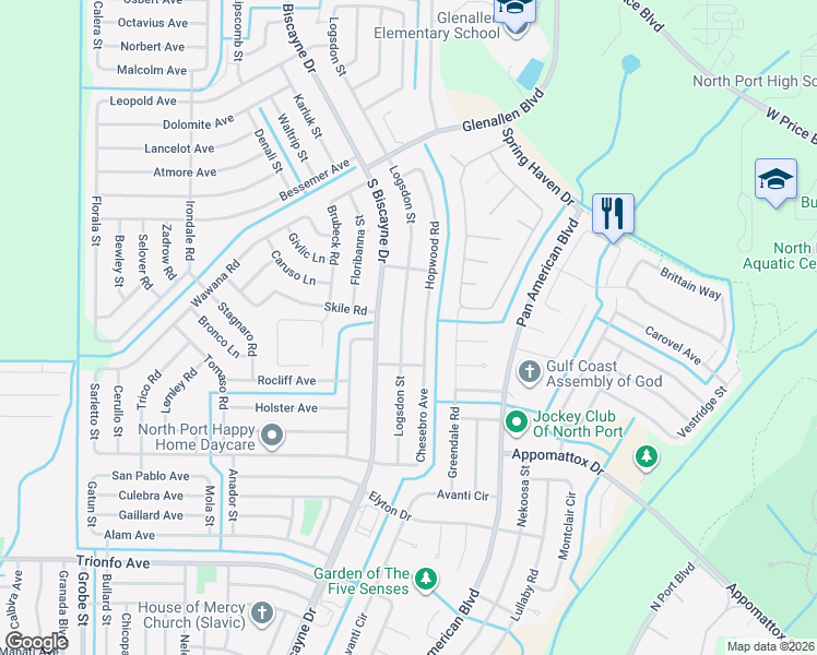 map of restaurants, bars, coffee shops, grocery stores, and more near 2520 Logsdon Street in North Port