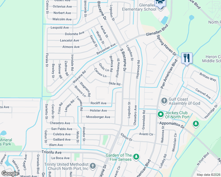 map of restaurants, bars, coffee shops, grocery stores, and more near 8148 Skile Road in North Port