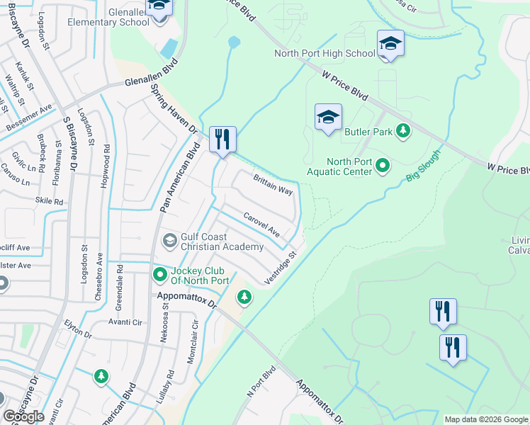 map of restaurants, bars, coffee shops, grocery stores, and more near 6379 Grand Cypress Boulevard in North Port