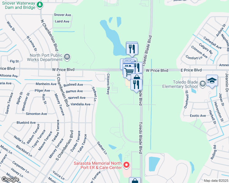 map of restaurants, bars, coffee shops, grocery stores, and more near 1191 W Price Blvd in North Port