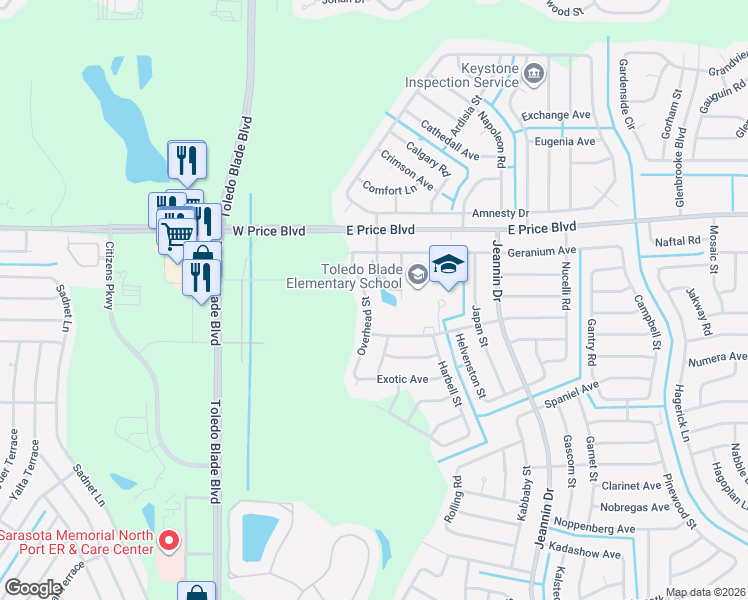 map of restaurants, bars, coffee shops, grocery stores, and more near 1274 Overhead St in North Port