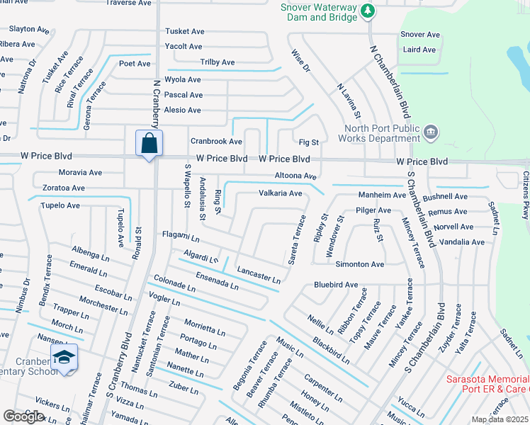 map of restaurants, bars, coffee shops, grocery stores, and more near 1290 Mendavia Terrace in North Port