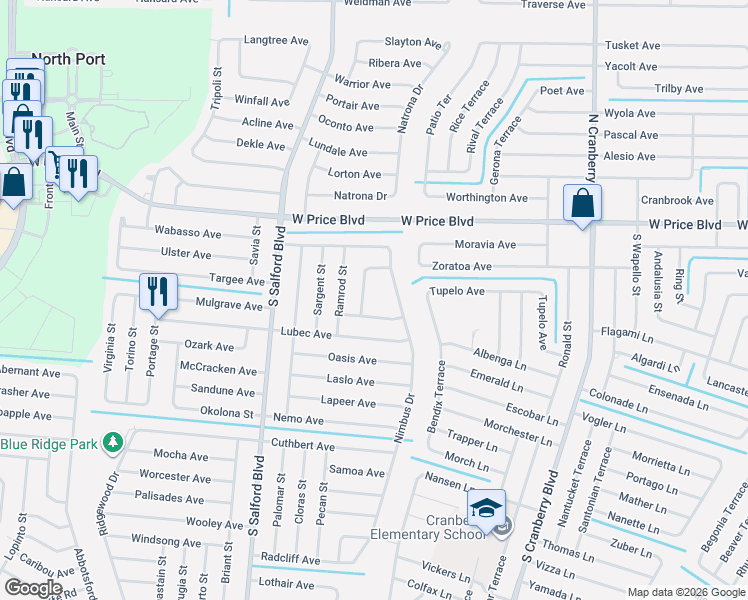 map of restaurants, bars, coffee shops, grocery stores, and more near 1340 Tooley Street in North Port