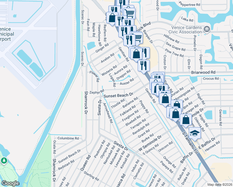 map of restaurants, bars, coffee shops, grocery stores, and more near 480 Sunset Beach Drive in Venice
