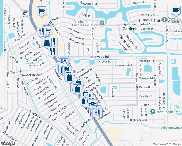 map of restaurants, bars, coffee shops, grocery stores, and more near 324 Morningside Road in Venice