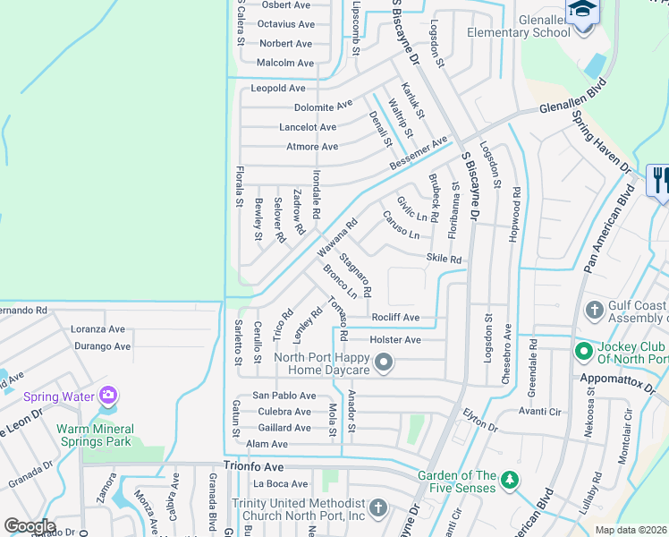 map of restaurants, bars, coffee shops, grocery stores, and more near 2310 Bronco Lane in North Port