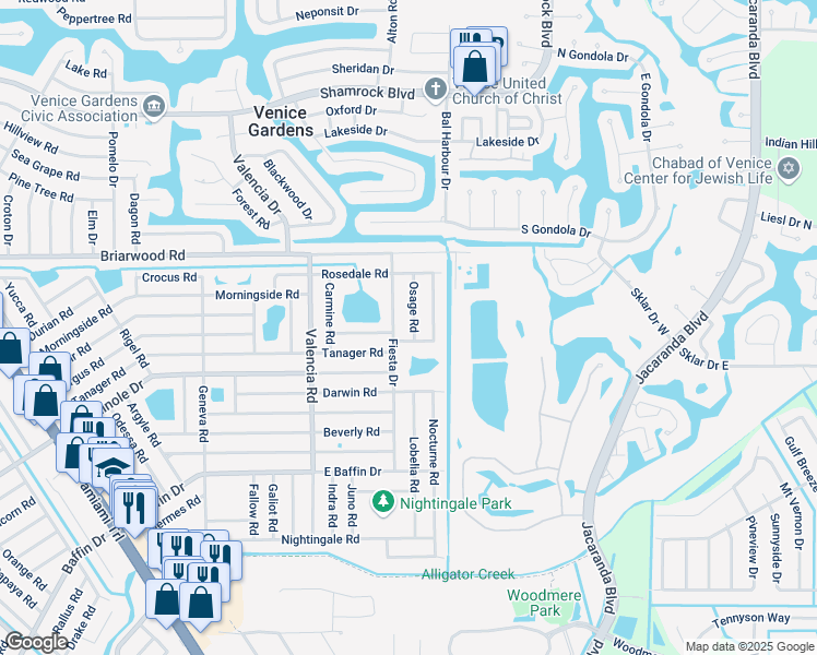 map of restaurants, bars, coffee shops, grocery stores, and more near 2656 Osage Road in Venice