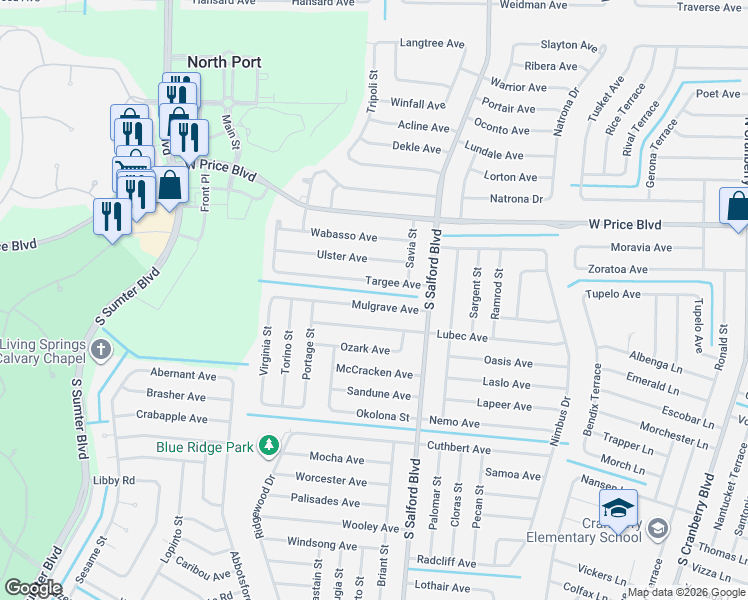 map of restaurants, bars, coffee shops, grocery stores, and more near 4268 Mulgrave Avenue in North Port