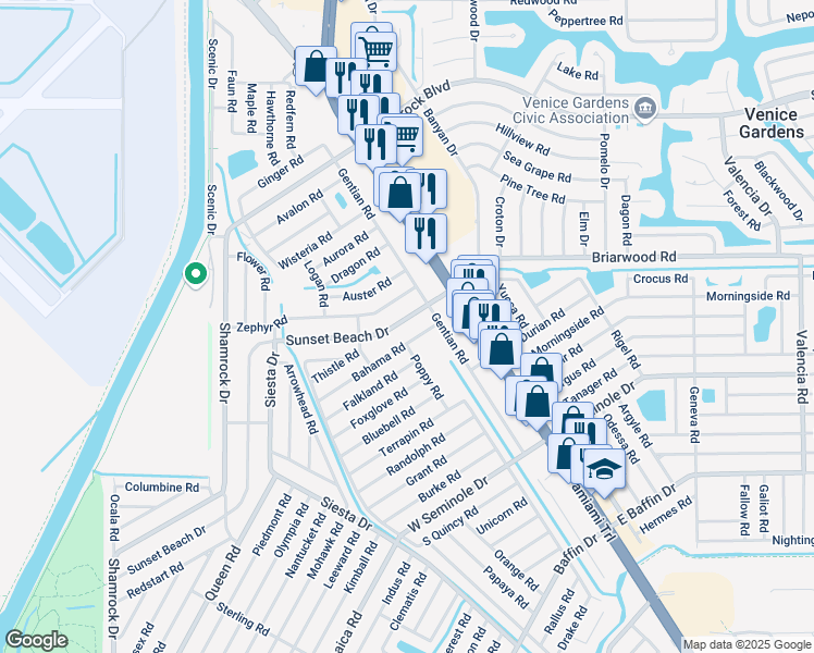 map of restaurants, bars, coffee shops, grocery stores, and more near 231 Sunset Beach Dr in Venice