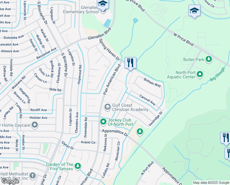 map of restaurants, bars, coffee shops, grocery stores, and more near 2861 Whispering Pine Lane in North Port