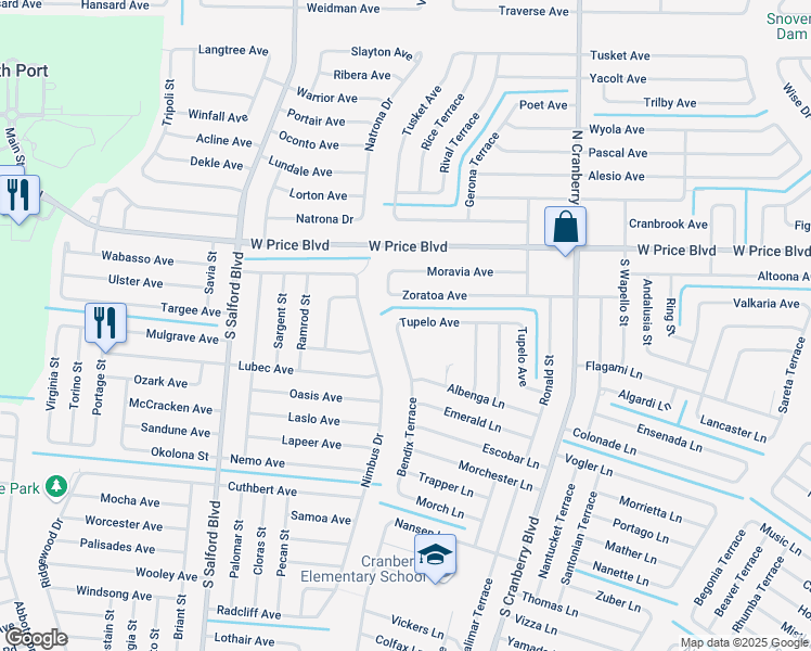 map of restaurants, bars, coffee shops, grocery stores, and more near 3465 Bendix Terrace in North Port