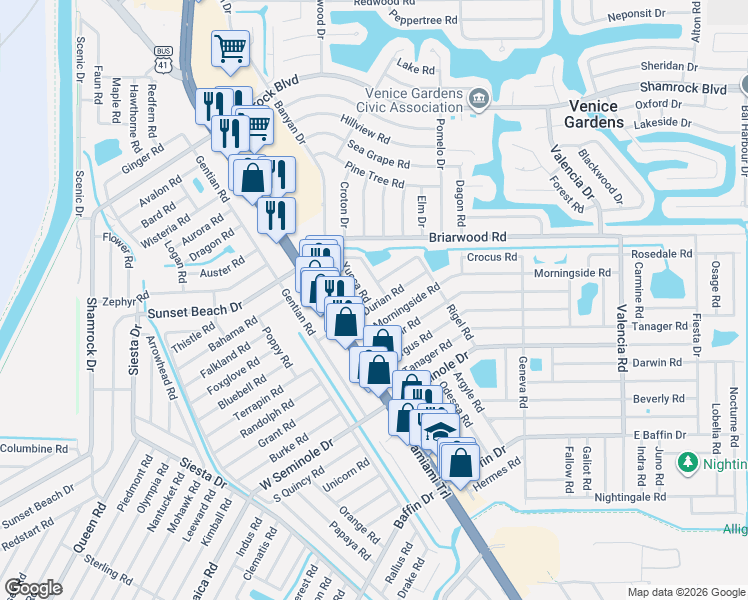 map of restaurants, bars, coffee shops, grocery stores, and more near 2632 Yucca Road in Venice