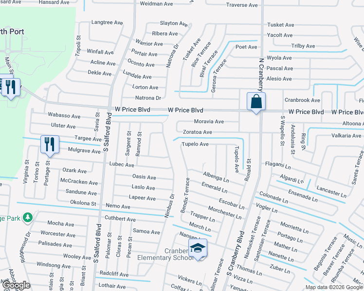 map of restaurants, bars, coffee shops, grocery stores, and more near 3465 Bendix Terrace in North Port