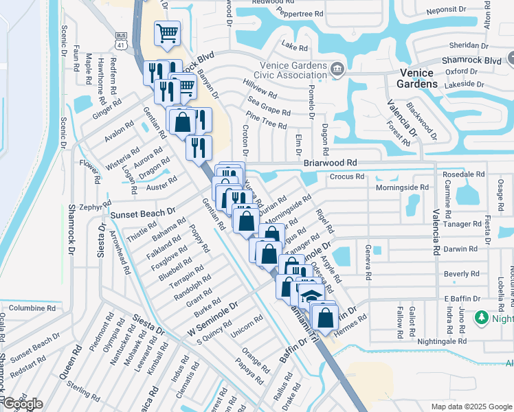 map of restaurants, bars, coffee shops, grocery stores, and more near 2632 Yucca Road in Venice