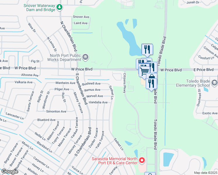 map of restaurants, bars, coffee shops, grocery stores, and more near 1353 Sadnet Lane in North Port