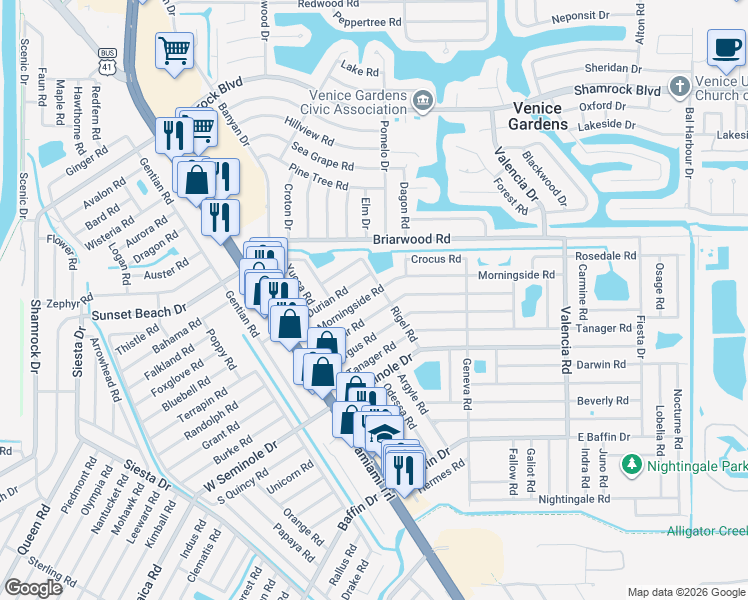 map of restaurants, bars, coffee shops, grocery stores, and more near 324 Morningside Road in Venice