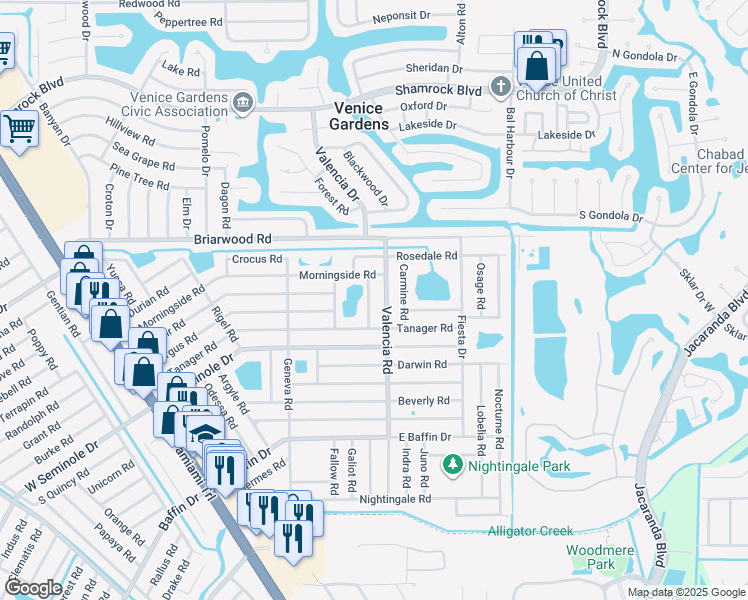 map of restaurants, bars, coffee shops, grocery stores, and more near 2645 Serpula Road in Venice