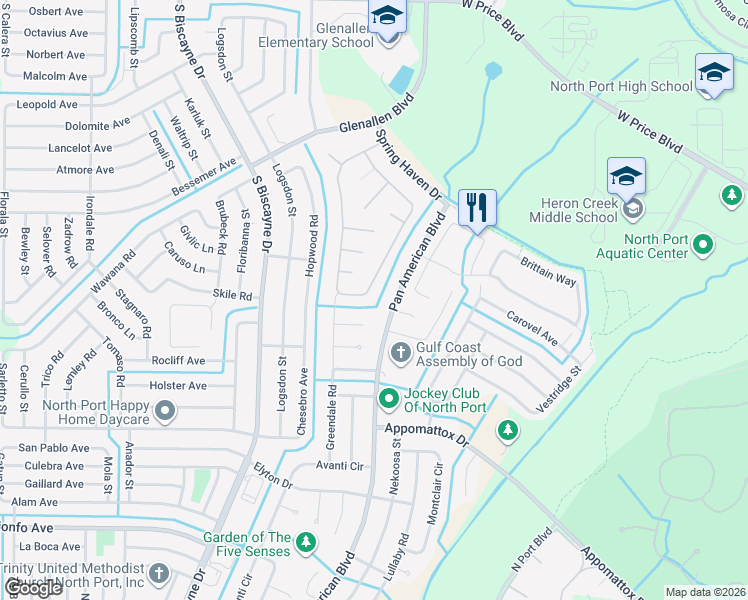 map of restaurants, bars, coffee shops, grocery stores, and more near 2507 Pan American Boulevard in North Port