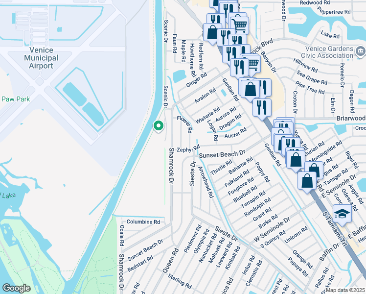 map of restaurants, bars, coffee shops, grocery stores, and more near 2641 Dawn Road in Venice