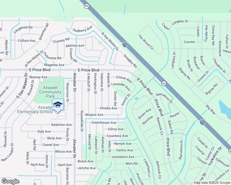 map of restaurants, bars, coffee shops, grocery stores, and more near 116 Dustin Road in North Port