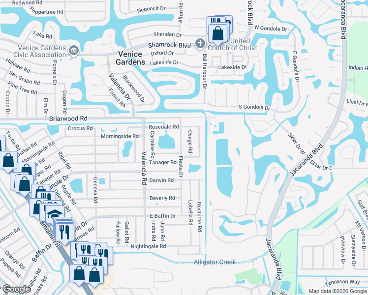 map of restaurants, bars, coffee shops, grocery stores, and more near 2656 Osage Road in Venice