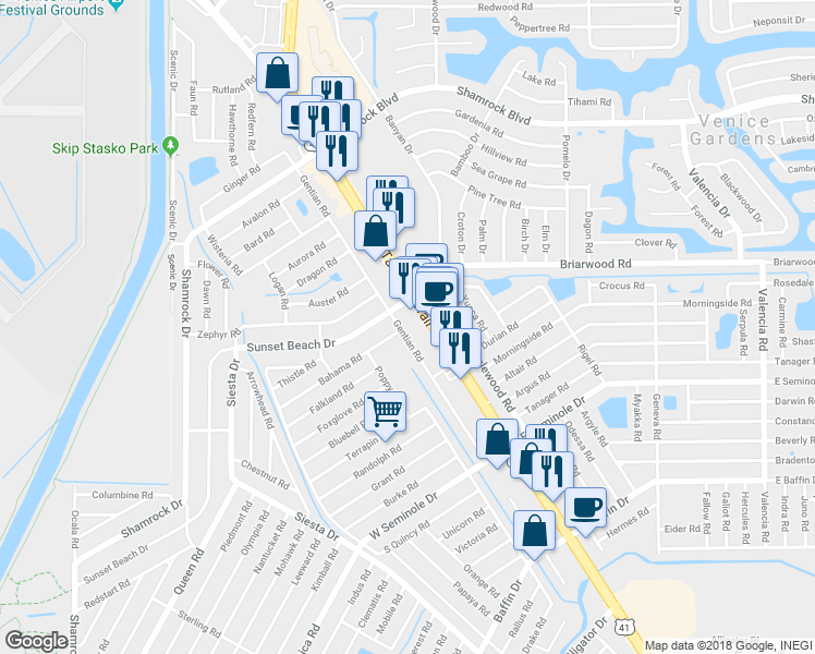 map of restaurants, bars, coffee shops, grocery stores, and more near 2645 Gentian Road in Venice