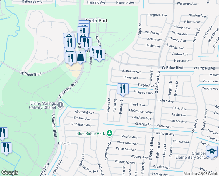 map of restaurants, bars, coffee shops, grocery stores, and more near 4672 Mulgrave Avenue in North Port