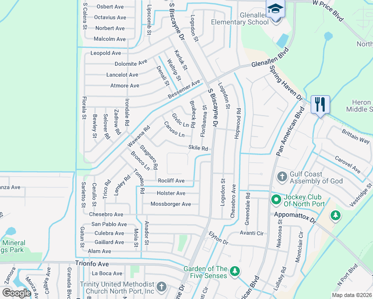 map of restaurants, bars, coffee shops, grocery stores, and more near 8148 Skile Road in North Port