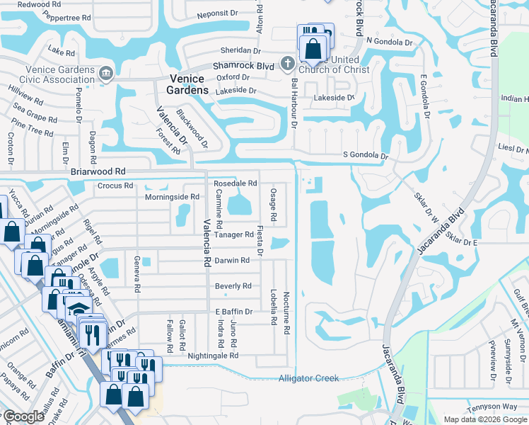 map of restaurants, bars, coffee shops, grocery stores, and more near 2656 Osage Road in Venice