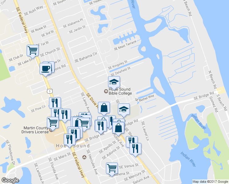 map of restaurants, bars, coffee shops, grocery stores, and more near 9215 Southeast Sunrise Way in Hobe Sound