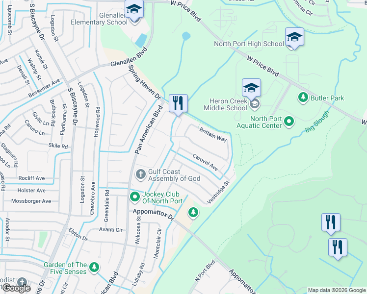map of restaurants, bars, coffee shops, grocery stores, and more near 6886 Carovel Avenue in North Port
