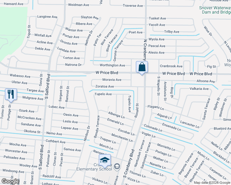 map of restaurants, bars, coffee shops, grocery stores, and more near 3303 Tupelo Avenue in North Port