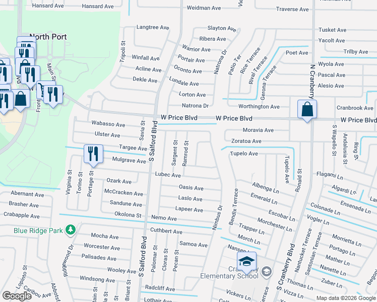 map of restaurants, bars, coffee shops, grocery stores, and more near 1340 Tooley Street in North Port