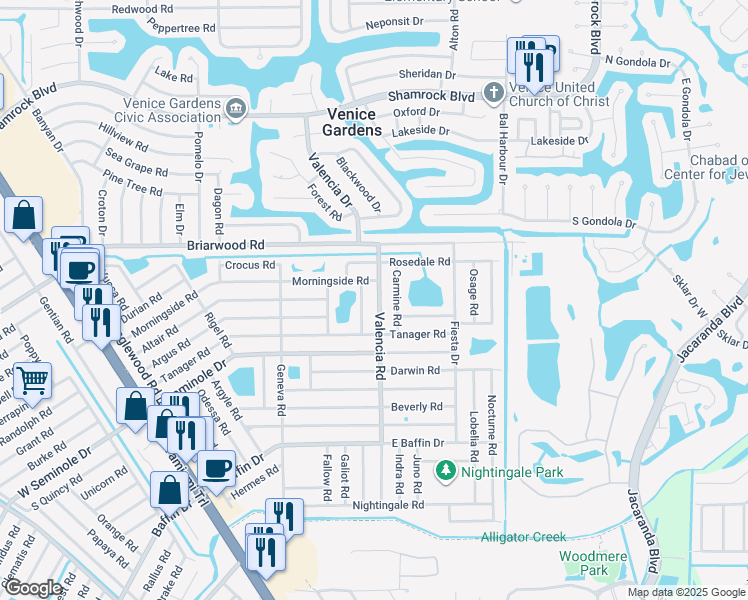 map of restaurants, bars, coffee shops, grocery stores, and more near 2645 Serpula Road in Venice