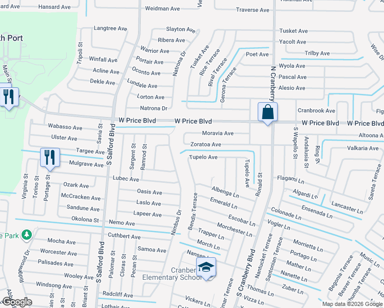 map of restaurants, bars, coffee shops, grocery stores, and more near 3465 Bendix Terrace in North Port