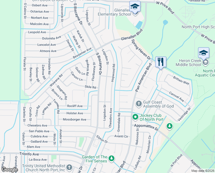 map of restaurants, bars, coffee shops, grocery stores, and more near 2520 Logsdon Street in North Port
