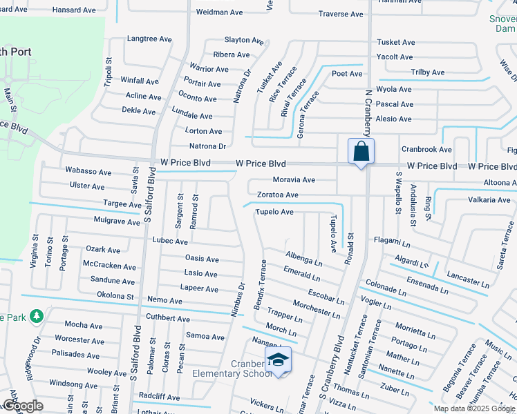 map of restaurants, bars, coffee shops, grocery stores, and more near 3465 Bendix Terrace in North Port