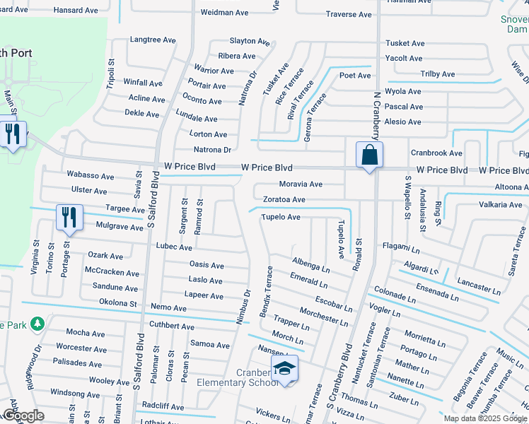 map of restaurants, bars, coffee shops, grocery stores, and more near 3465 Bendix Terrace in North Port