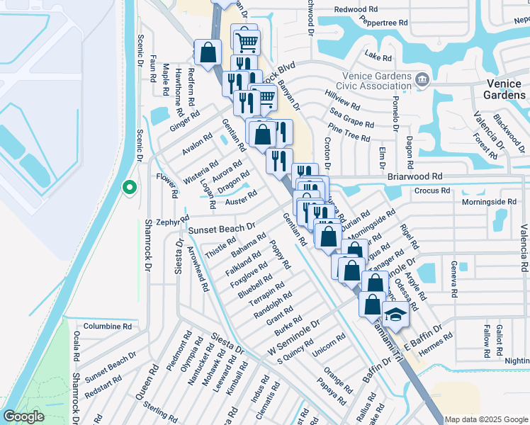 map of restaurants, bars, coffee shops, grocery stores, and more near 231 Sunset Beach Drive in Venice