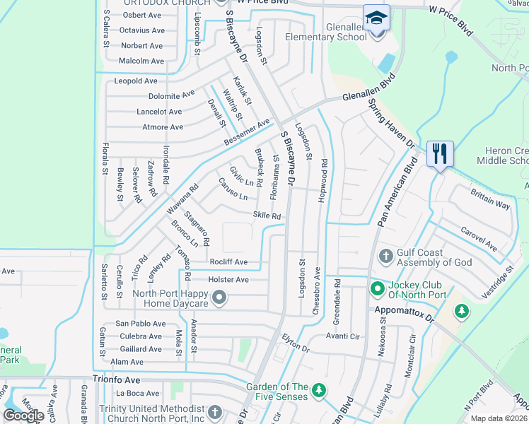 map of restaurants, bars, coffee shops, grocery stores, and more near 8148 Skile Road in North Port