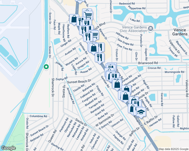 map of restaurants, bars, coffee shops, grocery stores, and more near 231 Sunset Beach Drive in Venice