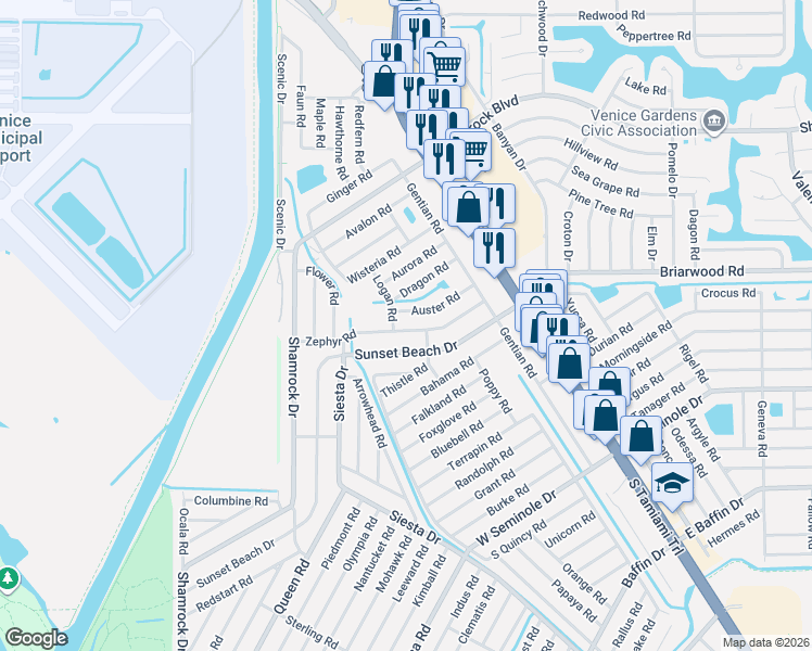 map of restaurants, bars, coffee shops, grocery stores, and more near 480 Sunset Beach Drive in Venice
