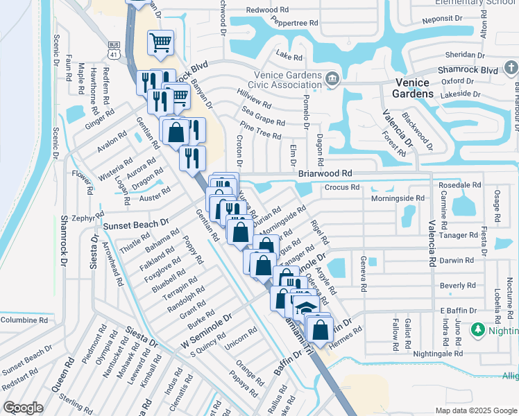 map of restaurants, bars, coffee shops, grocery stores, and more near 2632 Yucca Road in Venice