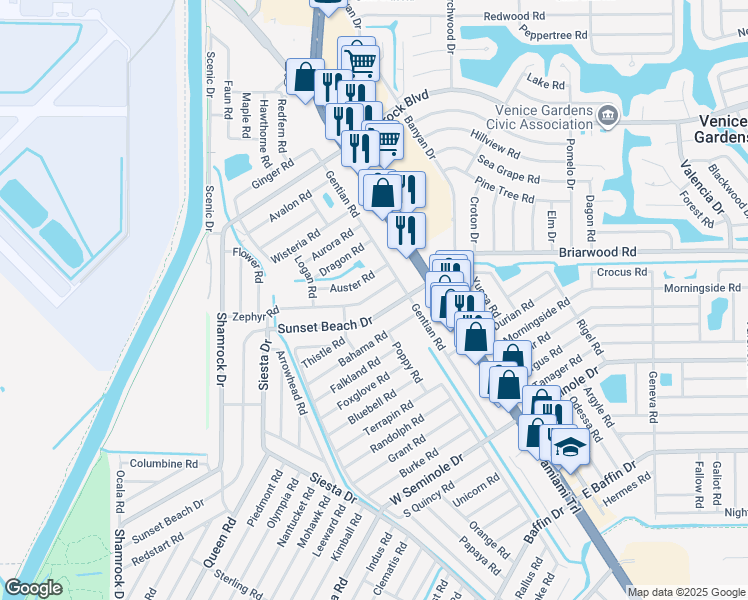map of restaurants, bars, coffee shops, grocery stores, and more near 251 Zephyr Road in Venice