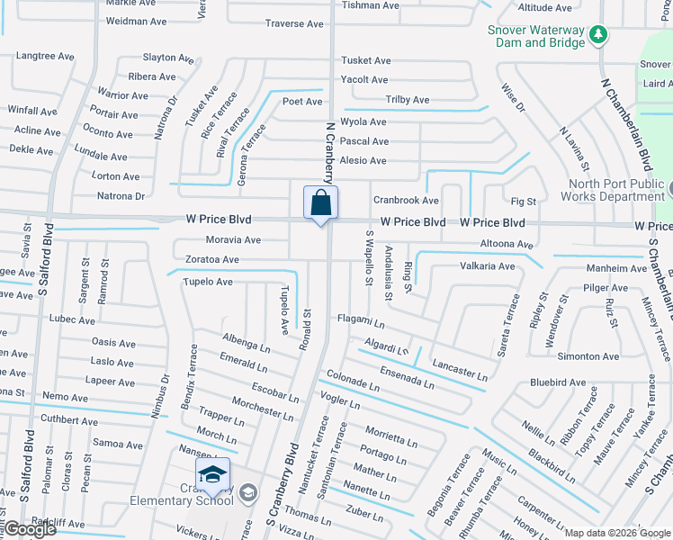 map of restaurants, bars, coffee shops, grocery stores, and more near 1330 South Cranberry Boulevard in North Port