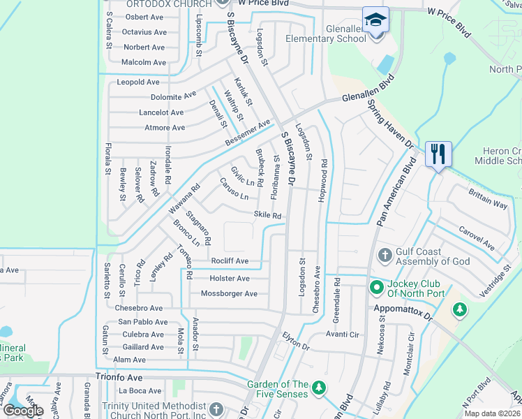 map of restaurants, bars, coffee shops, grocery stores, and more near 8148 Skile Road in North Port